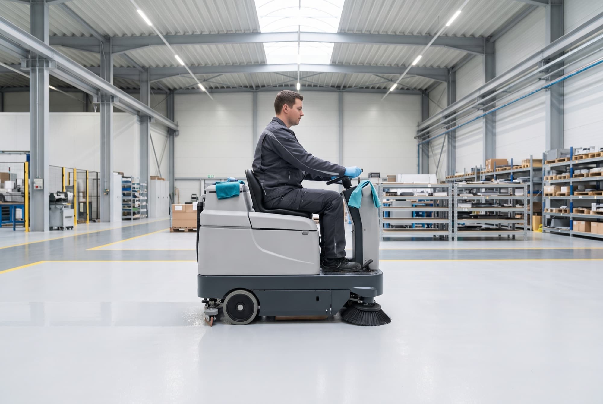 Eine Aufsitz-Reinigungsmaschine fährt über den hellen Boden einer modernen Produktionshalle.